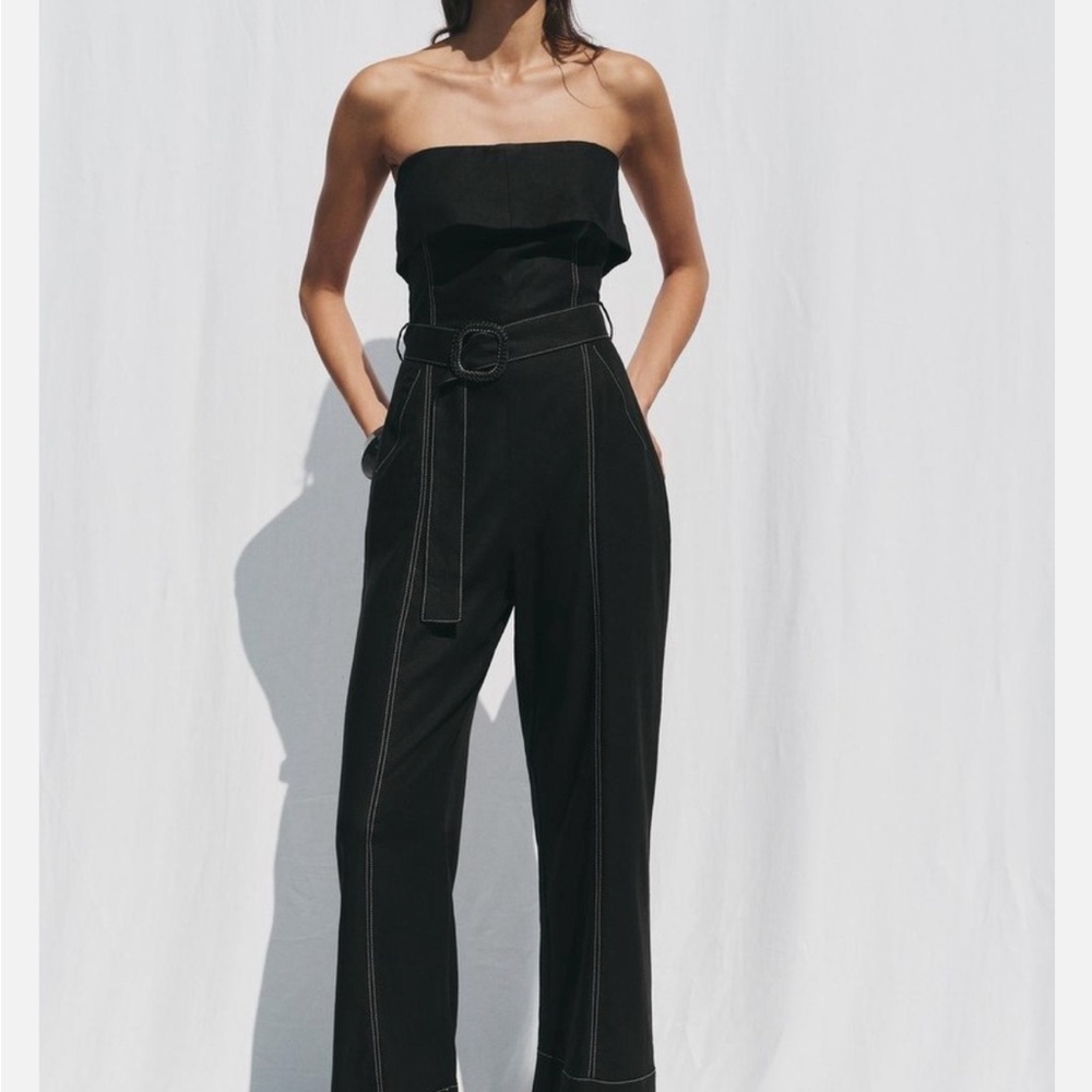 Zara Black Belted Strapless Linen Jumpsuit Size L